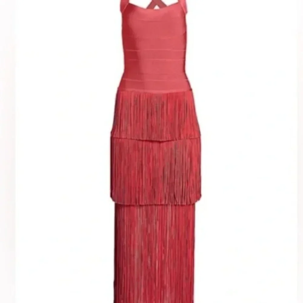 HERVE LEGER Women's Icon Fringe Bandage Maxi Dress In Burnt Rose - Picture 3 of 7